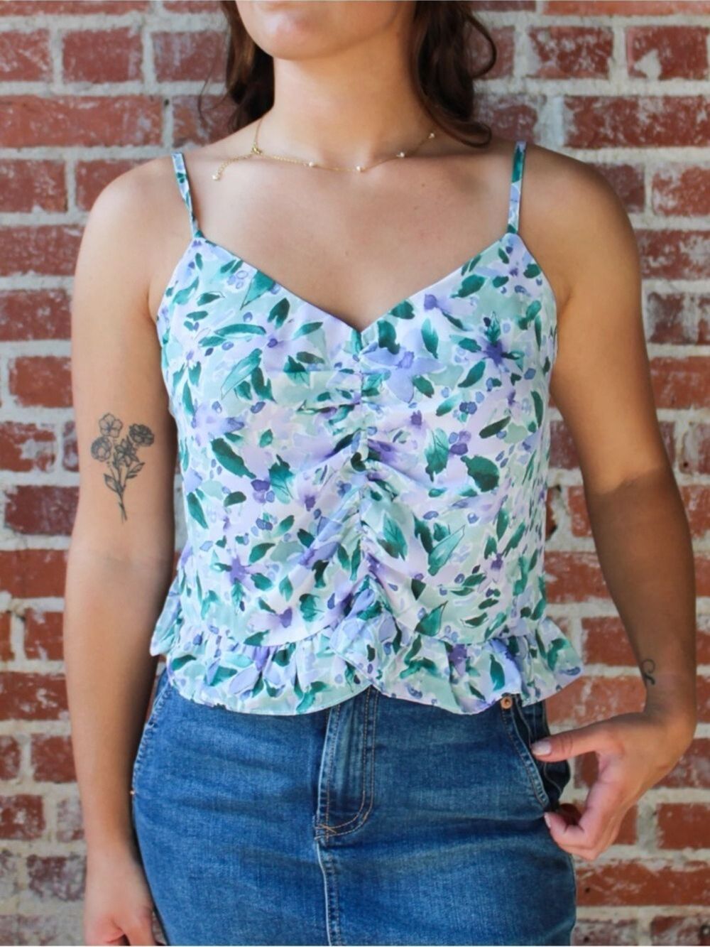 Grade & Gather Ruched Floral Ruffle Cami in Lavender and Green